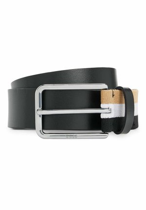 Cinturón de cuero negro con una gran hebilla rectangular plateada y una sección trenzada con rayas en tono marrón, blanco y negro.