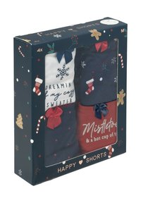 Vier paar feestelijk thema shorts in marineblauw en wit, met ontwerpen van sneeuwvlokken, kerstkousen en strikken, verpakt in een feestelijke doos.