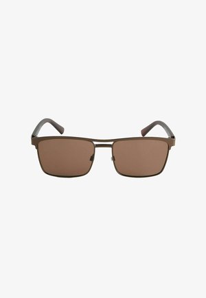 Lunettes de soleil rectangulaires avec une fine monture métallique marron et des verres teintés marron, branches noires incurvées.