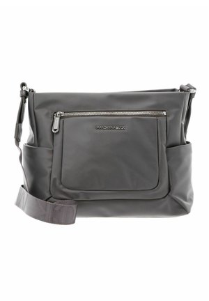 Sac bandoulière gris avec poche avant zippée, poches latérales, sangle réglable et logo Mandarina Duck sur la poche avant.