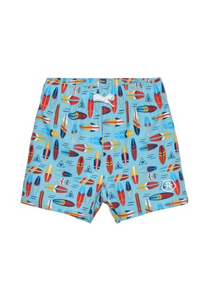 Lyseblå badeshorts med flerfarvede surfbræt-mønstre, elastisk talje og hvid snor til at binde foran.