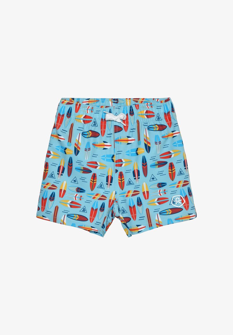 Shorts de bain bleu clair avec motifs de planches de surf multicolores, taille élastique et cordon blanc à nouer à l'avant.