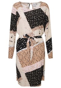Vestido de manga larga con un diseño a bloques de color en beige, negro y rosa, con patrones florales y un cinturón en la cintura para dar forma.