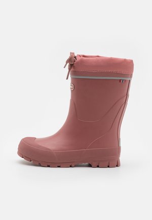 Roze rubberen regenlaars met een gestructureerde bovenkant, afgeronde neus, verstelbare nylon manchet en een robuuste zool voor grip. Bevat een zijlogo.
