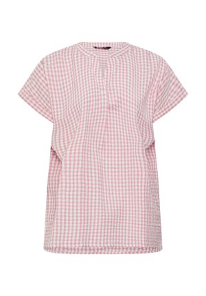 Kortærmet bluse i lyserødt og hvidt ginghamternet med rund halsudskæring og plissédetalje foran.