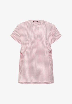 Różowa i biała bluzka w kratkę vichy z krótkim rękawem, okrągłym dekoltem i plisą z przodu.