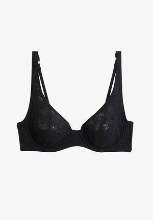 Mustat pitsiset rintaliivit, joissa on kolmion muotoinen kupin muoto, säädettävät hihnat, kukkakuvio ja pehmeä vuori mukavuutta varten.