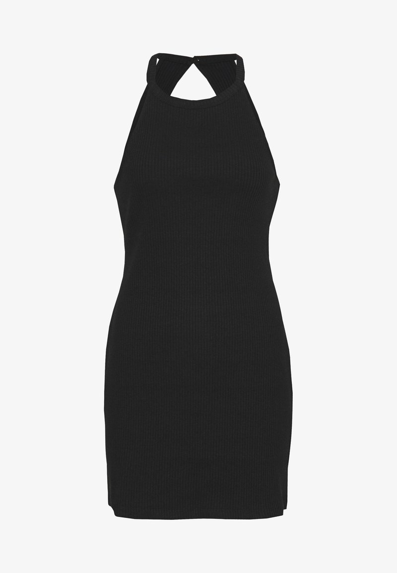 Robe noire côtelée sans manches à col halter, silhouette ajustée et petite découpe dans le dos.