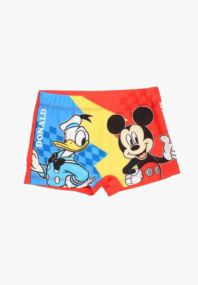 Shorts de bain rouges avec des graphismes de Donald Duck et Mickey Mouse sur un fond géométrique bleu et jaune ; taille élastique.