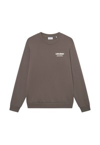 Καφέ φούτερ από μαλακό ύφασμα, με μακριά μανίκια, στρογγυλή λαιμόκοψη και λευκό λογότυπο στο στήθος. Ριμπέ μανσέτες και στρίφωμα.