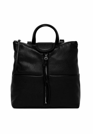 Borsa a tote in pelle nera con finitura testurizzata, manico superiore, chiusura con zip e due tasche frontali. Forma rettangolare compatta.