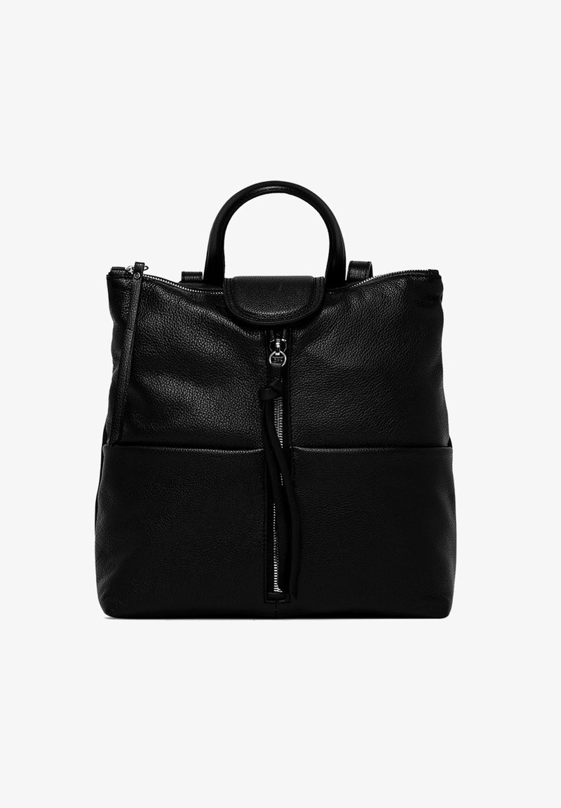 Borsa a tote in pelle nera con finitura testurizzata, manico superiore, chiusura con zip e due tasche frontali. Forma rettangolare compatta.