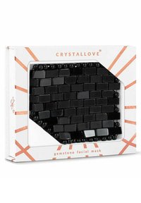 Schwarze Edelstein-Gesichtsmaske in rechteckiger Form, ausgestattet mit kleinen, glänzenden rechteckigen Steinen und runden Perlen, verpackt in einer weißen Box mit roségoldenen Akzenten.