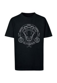 Black cotton t-shirt featuring a white graphic of a snake, the word "SLYTHERIN," and circular text with the words "AMBITION," "PRIDE," and "CUNNING."