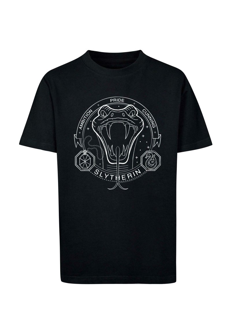Black cotton t-shirt featuring a white graphic of a snake, the word "SLYTHERIN," and circular text with the words "AMBITION," "PRIDE," and "CUNNING."