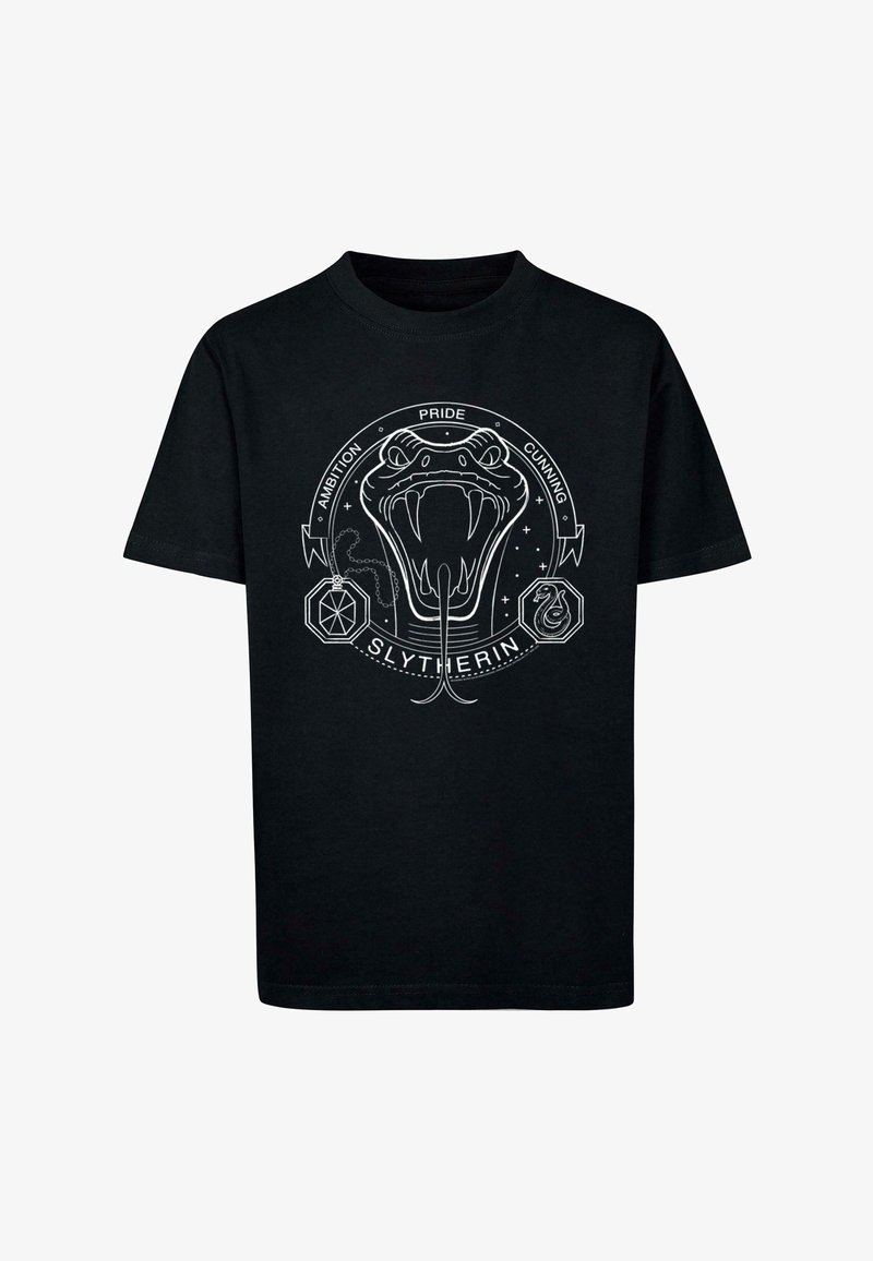 Black cotton t-shirt featuring a white graphic of a snake, the word "SLYTHERIN," and circular text with the words "AMBITION," "PRIDE," and "CUNNING."