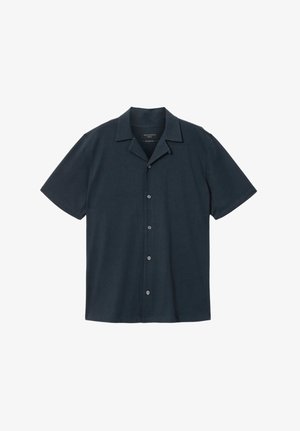 Short-sleeve black button-up shirt with a camp collar, made by AllSaints, displayed against a white background.