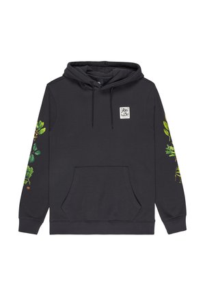 Zwarte hoodie met een voorzak, groene botanische bladerenprints op beide mouwen, en een klein wit vierkant label op de borst.