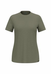 Olive green short-sleeve t-shirt, round neckline, soft texture, straight hem, minimal stitching details, no patterns or accents.
