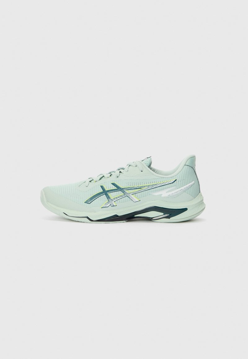 Light green athletic shoe featuring a breathable mesh upper, rubber sole, and textured accents with a graphic logo on the side.