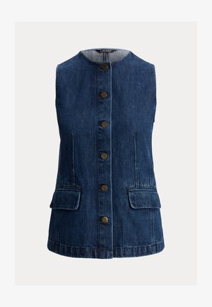 Tmavomodrá rifľová vesta bez rukávov s okrúhlym výstrihom, prednými cvočkami, dvoma náprsními vreckami so záklopkami a zvislými švovými detailami.