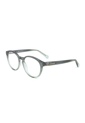 Occhiali rotondi trasparenti grigi con montatura sottile e logo Love Moschino in oro sulle aste, su sfondo bianco.
