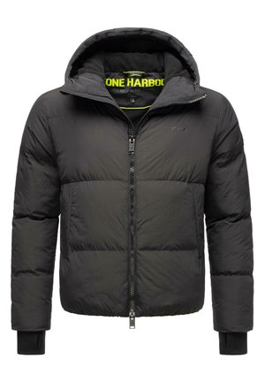 Black puffer jacket with a textured surface, zip front, and hood. Features block padding, elastic cuff accents, and a bright yellow interior lining.