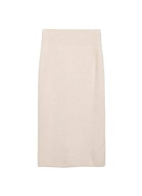 Strick-Bleistiftrock in Hellbeige mit geripptem Bund. Glatte Textur und mittellanger Schnitt, geeignet für verschiedene Stile.
