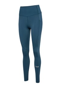 High-waist, donkergroene sportlegging met zijzak en zichtbare naden, met klein "hummel performance" logo op het onderbeen.