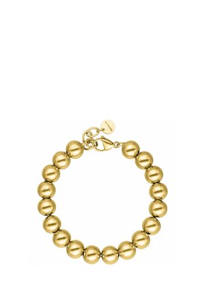 Gold-tone bracelet with round beads and a lobster clasp, featuring a small circular tag near the clasp.
