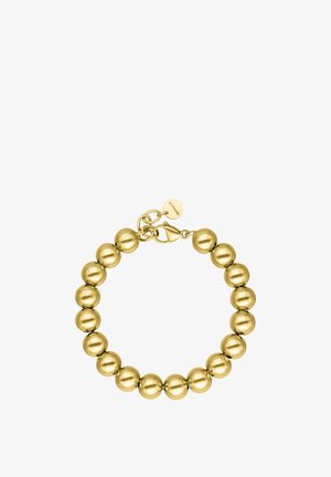 Gold-tone bracelet with round beads and a lobster clasp, featuring a small circular tag near the clasp.