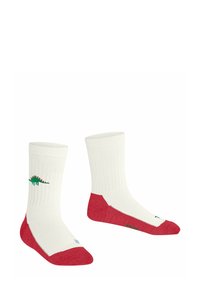 Białe skarpetki z czerwonymi akcentami, żebrowana tekstura, z zielonym wzorem dinozaura po jednej stronie i niebieskim logo na podeszwie.