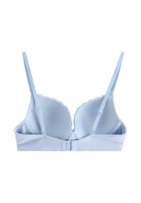Reggiseno imbottito azzurro chiaro con spalline regolabili, bordo in pizzo a onde sui coppe e chiusura posteriore con ganci.