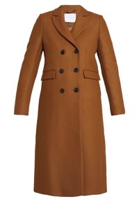 Brown double-breasted coat with a tailored fit, featuring notched lapels, two front pockets, and black buttons on a textured fabric.