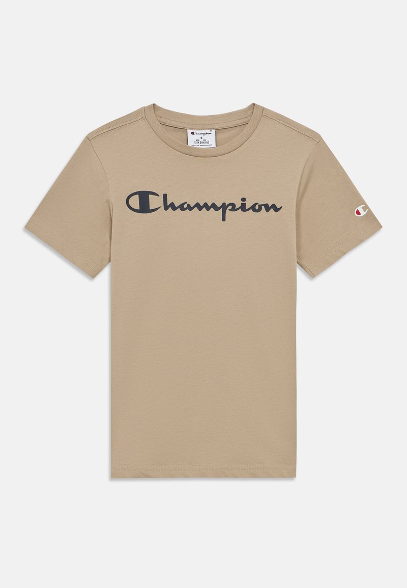 Μπεζ βαμβακερό t-shirt με μαύρο λογότυπο "Champion" στο στήθος, κανονικός στρογγυλός λαιμός και μικρό λογότυπο στο μανίκι.