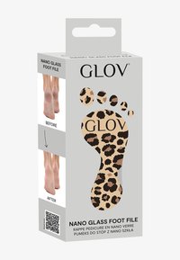 Opakowanie pilnika do stóp GLOV Nano Glass charakteryzuje się wzorem w odciskach łap pantery na szarym tle, z fotografiami stóp "Przed" i "Po".