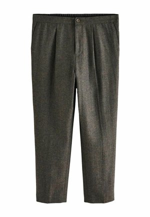 Graue, strukturierte Hosen mit maßgeschneidertem Schnitt, Falten an der Vorderseite, seitlichen Taschen und einem Knopfverschluss an der Taille.