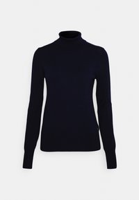 Tummansininen pooloneule, valmistettu pehmeästä neulosmateriaalista, jossa pitkät hihat ja istuva siluetti. Ei näkyviä kuvioita tai metalliosia.