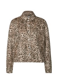 Veste en imprimé léopard beige et vert, dotée d'un col, d'une fermeture à bouton et de manches longues. Tissu doux avec un motif texturé.