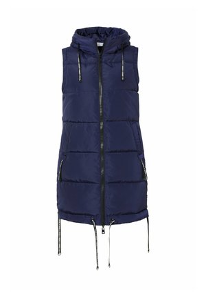 Mørkeblå polstret ærmeløs vest med hætte, frontlynlås, sidelommer og justerbare snore i kanten. Glat, blank overflade.