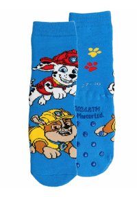 Calzini blu per bambini con personaggi dei cartoni animati, uno con un casco da pompiere e l'altro con un casco da costruzione, dotati di puntini antiscivolo.