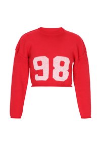 Roter, kurzer Strickpullover mit langen Ärmeln und der großen weißen Zahl "98" auf der Vorderseite vor einem weißen Hintergrund.