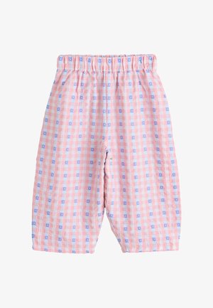 Puuvillahousut pastellinpunaisessa ja -sinisessä ruudullisessa kuviossa, joissa on joustava vyötärönauha ja kukkakoristeita koko mallissa.