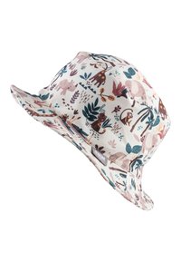 Bucket-Hut aus weichem Stoff, mit einem verspielten Tiermuster in Pastellfarben und Blättern, breiter Krempe und gesteppten Details.