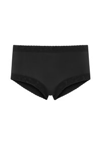 Svarta kvinnors hipsterunderkläder med spetskantad midjeband och benöppningar, mjukt tyg och sömlös design.