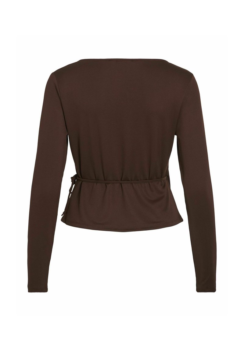 Top marrone a maniche lunghe, con scollatura quadrata, dettaglio in vita arricciato e tessuto liscio e elastico. Design semplice senza motivi.