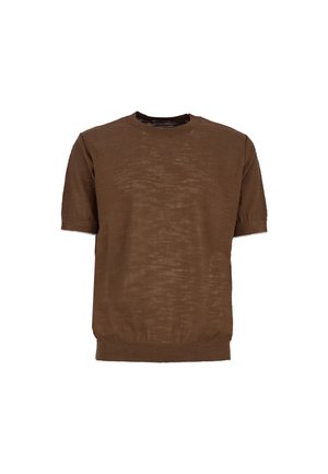 Brązowy krótki sweter z dzianiny z okrągłym dekoltem, ściągaczami na rękawach i u dołu na białym tle.