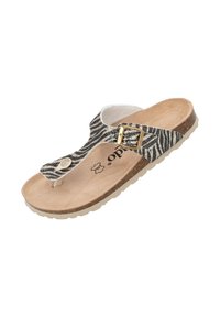 Sandal aperto, piatto e con punta aperta realizzato in tessuto a motivo zebra, con una fibbia dorata, suola in sughero e suola in gomma leggera.