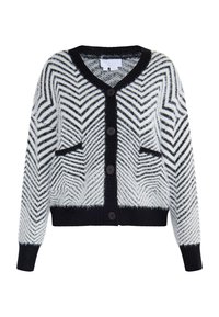 Schwarz-weiße Strickjacke mit Zickzackmuster, V-Ausschnitt, fünf Knöpfen und zwei Fronttaschen. Weicher, strukturierter Stoff, gerippter Saum.