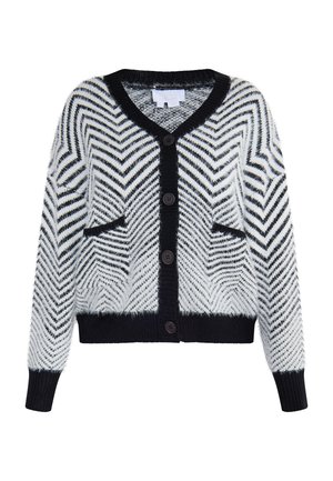Zwart-wit cardigan met een zigzagpatroon, voorzien van een V-hals, vijf knopen en twee voorzakken. Zacht, textuurstof, geribbelde zoom.